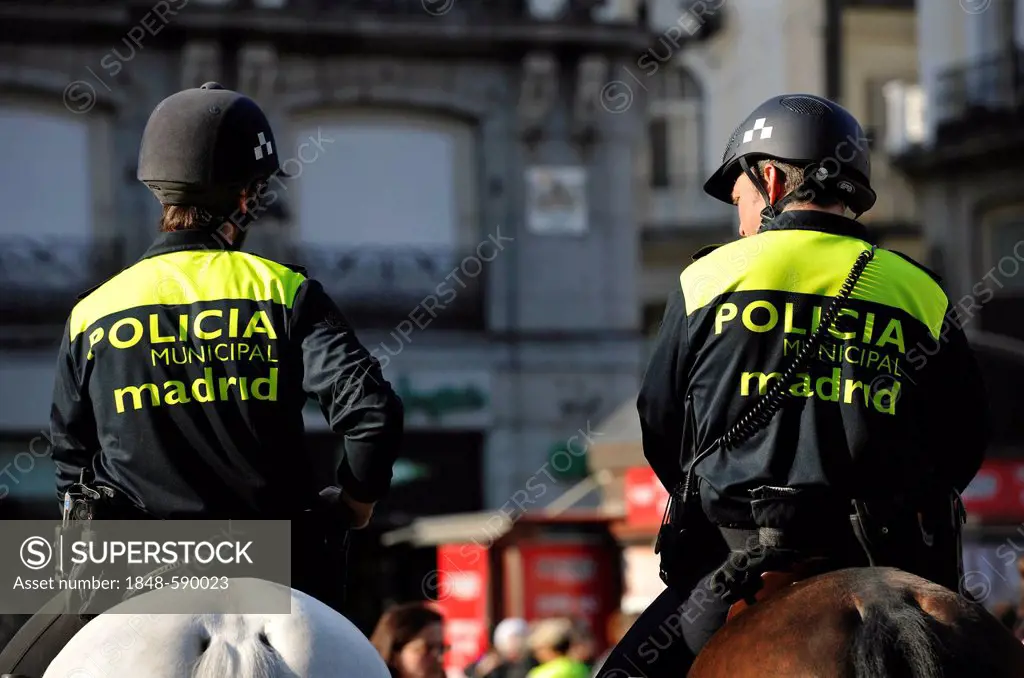 City police on horseback, Plaza Puerta del Sol square, Madrid, Spain, Europe, PublicGround