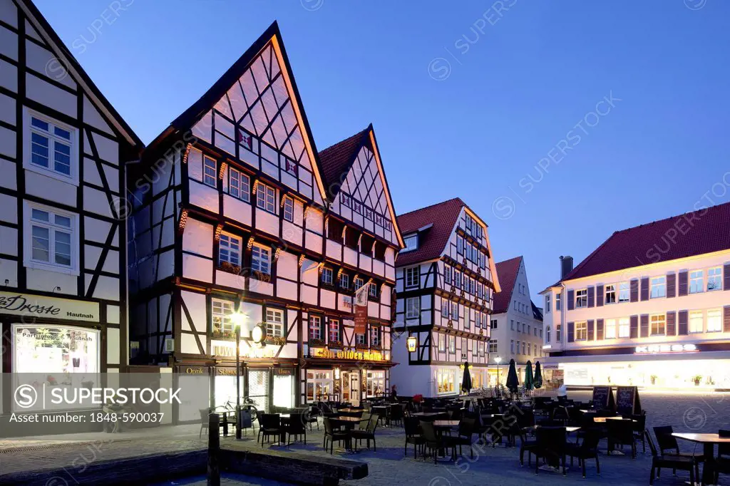 Half-timbered houses on the market, Haus Im Wilden Mann restaurant, Soest, North Rhine-Westphalia, Germany, Europe, PublicGround