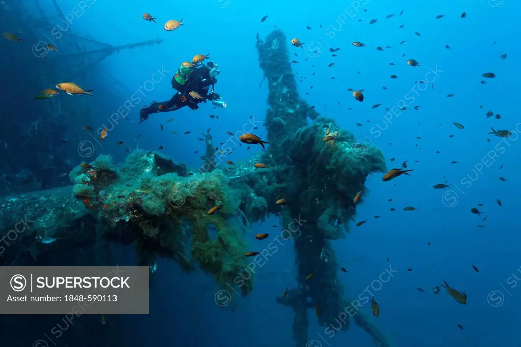 Scuba diver exploring the mast surrounded by damselfish (Chromis chromis), wreck of the Zenobia, Cyprus, Asia, Europe, Mediterranean Sea