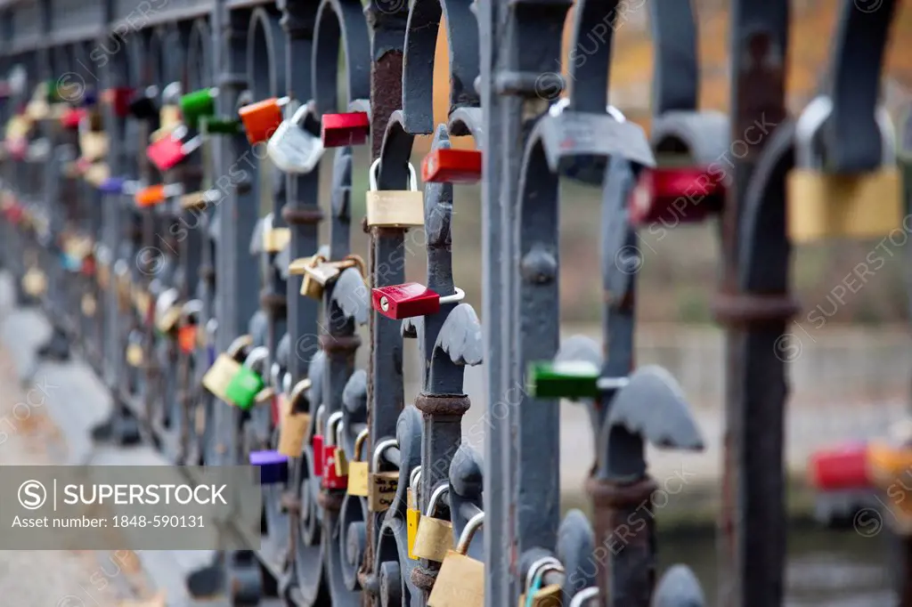 Love padlocks, Schwanenwikbruecke bridge, railings, Alster river, Hamburg, Germany, Europe, PublicGround