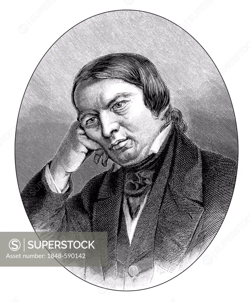Historic drawing from the 19th century, portrait of Robert Schumann, 1810 - 1856, a German composer and pianist of romanticism