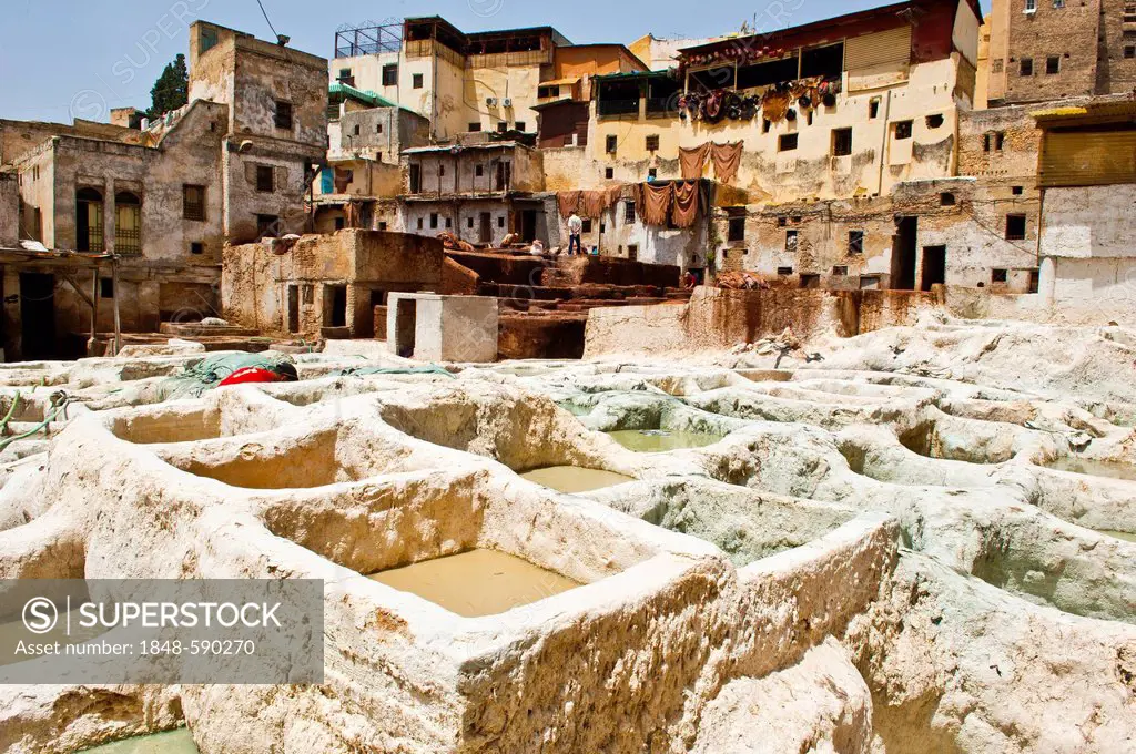 Tanning pits in the traditional tannery in the historic town centre or Medina, UNESCO World Heritage Site, Fez, Morocco, Africa