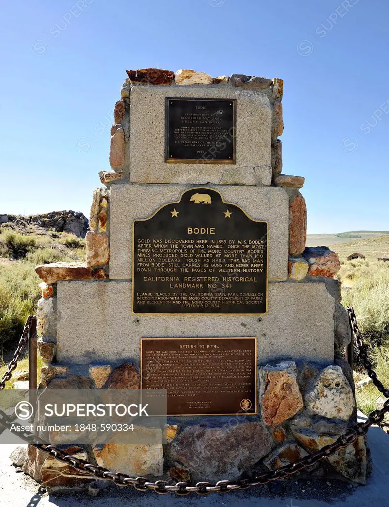 Memorial stone of the ghost town of Bodie, a former gold mining town, Bodie State Historic Park, California, United States of America, USA