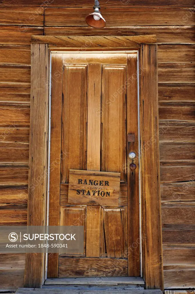Wooden door of the ranger station, ghost town of Bodie, a former gold mining town, Bodie State Historic Park, California, United States of America, US...