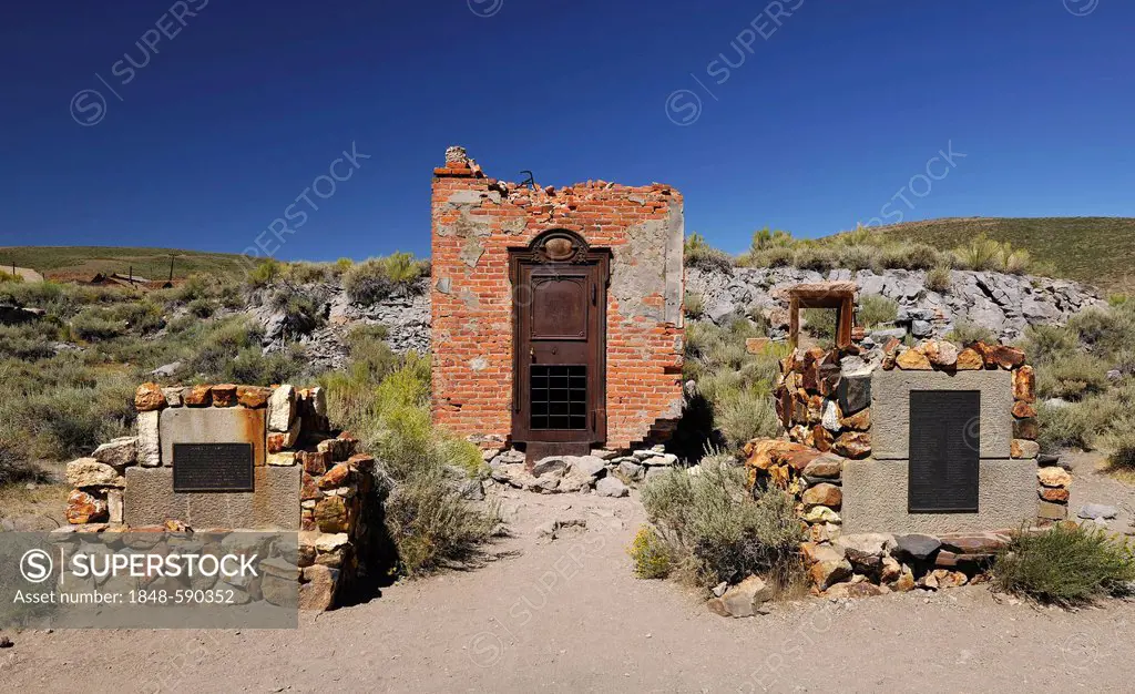 Foundations and vault of the Bodie Bank amidst bank ruins, ghost town of Bodie, a former gold mining town, Bodie State Historic Park, California, Unit...