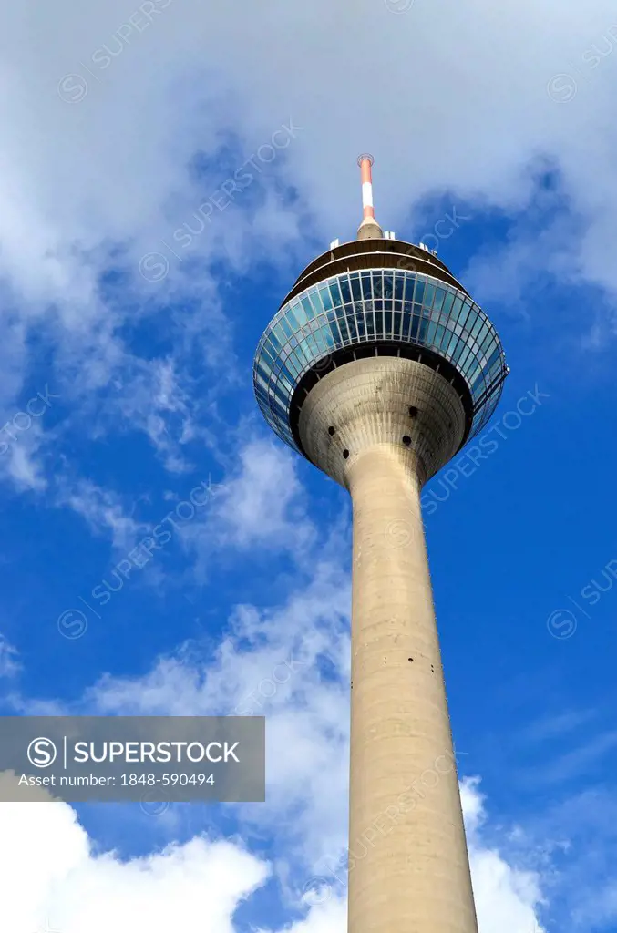 Rheinturm tower, Medienhafen harbour, Duesseldorf, North Rhine-Westphalia, Germany, Europe