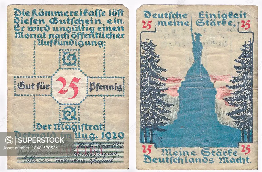 Coupon, front and back, value of 25 pfennig, from the Kaemmereikasse, Detmold, Germany, circa 1920