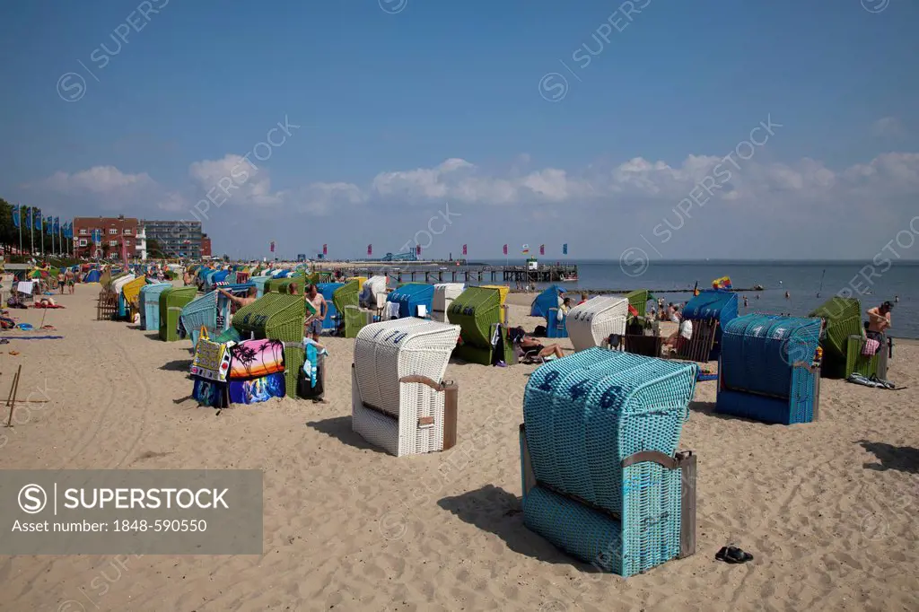 Beach chairs on a beach, Wyk auf Foehr, Foehr island, North Sea, North Frisia, Schleswig-Holstein, Germany, Europe