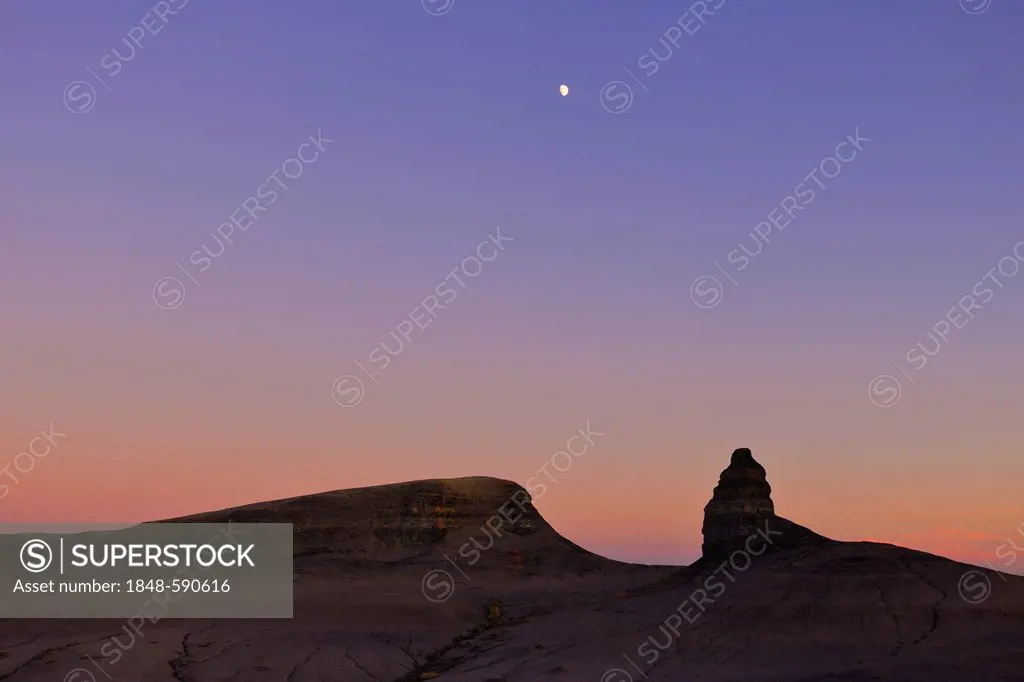 Badlands, eroded rocks along the Smoky Mountain Road to Alstrom Point, moon, evening mood, sunset, Bigwater, Glen Canyon National Recreation Area, Ari...