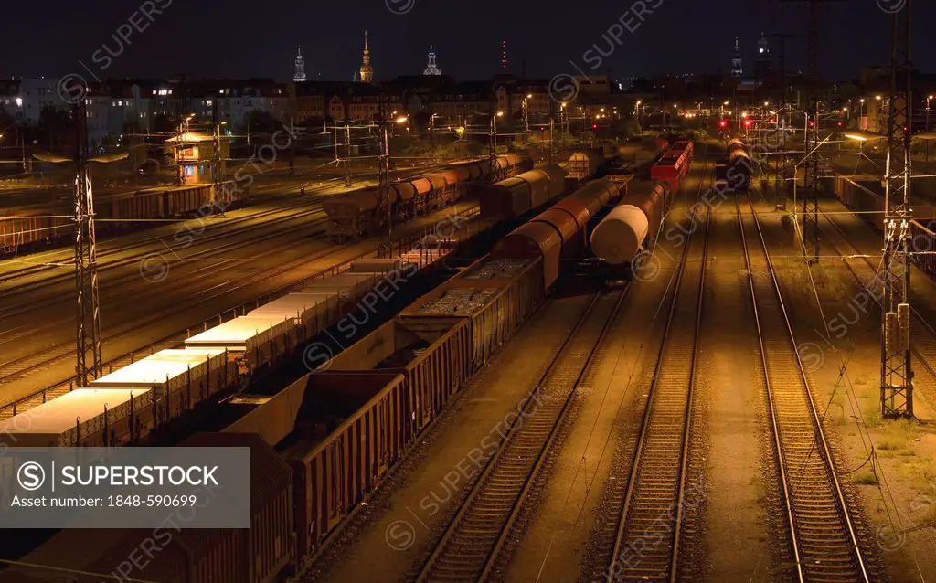 Dresden-Friedrichstadt freight station at night, Dresden, Saxony, Germany, Europe