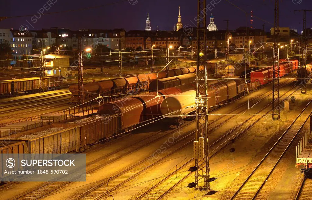 Dresden-Friedrichstadt freight station at night, Dresden, Saxony, Germany, Europe