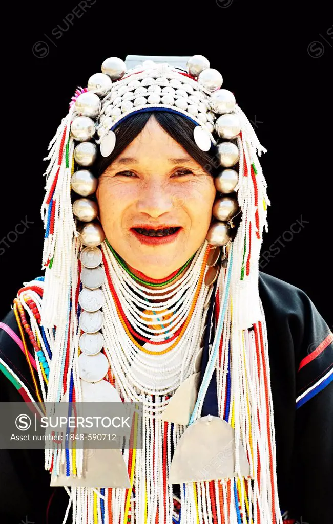 Portrait of Akha woman wearing a traditional LomueAka costume in Chiang Rai, Thailand, Asia