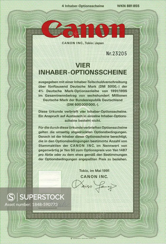 Securities certificate, bearer warrant, Japanese yen, German mark, camera manufacturer, Canon Inc., Tokyo, Japan, Asia, 1991
