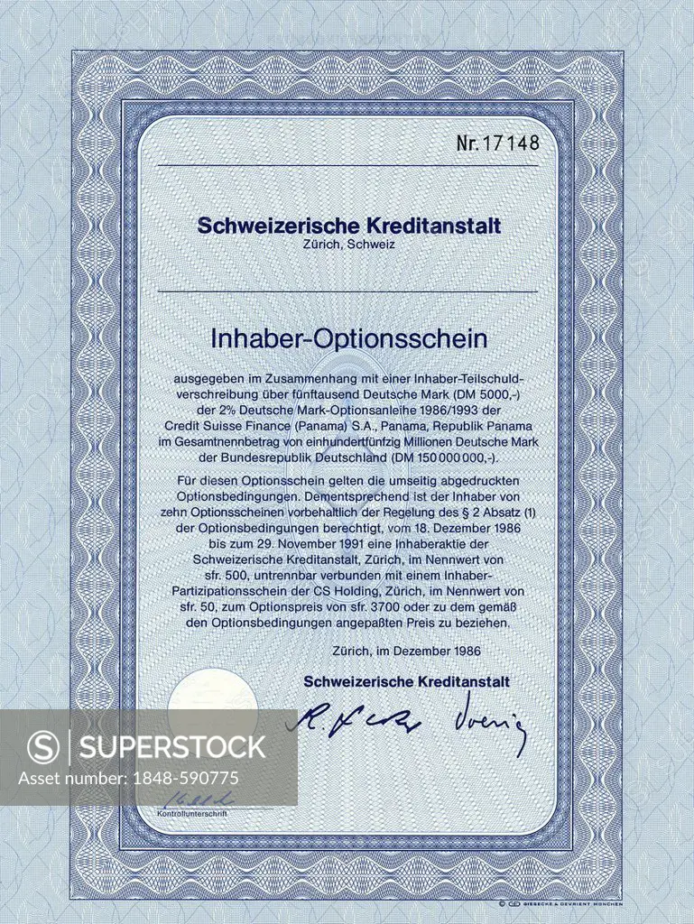 Securities certificate, bearer warrant, German marks, Credit Suisse, Zurich, Switzerland, Europe, 1986