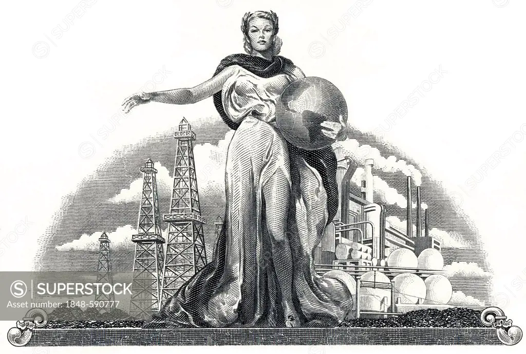 Detail of the illustration in the vignette of a historical stock certificate of an oil and gas company, design showing a young woman holding a globe i...