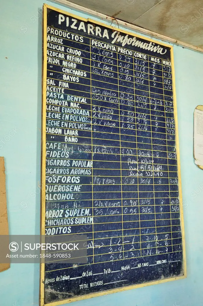 Blackboard with goods on offer in a bodega, a government store which trades food items for ration coupons, Baracoa, Cuba, Caribbean