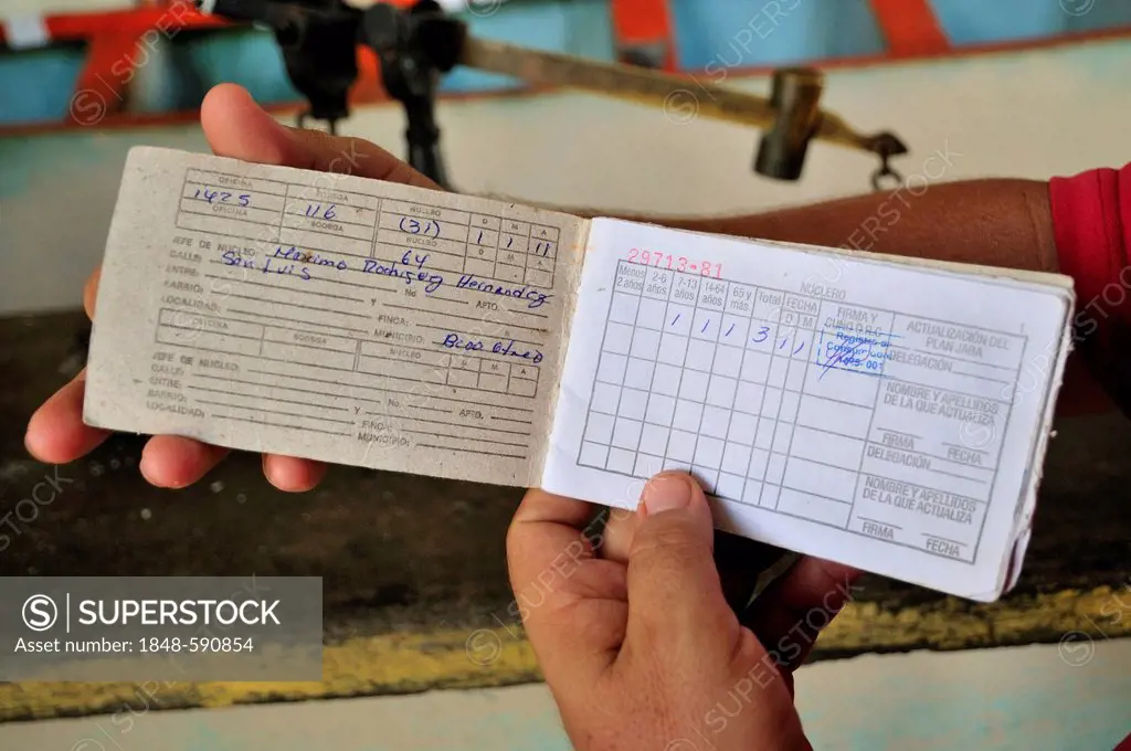 Libreta de Abastecimiento, coupon book for the issue of goods in a bodega, a government store which trades food items for ration coupons, Baracoa, Cub...