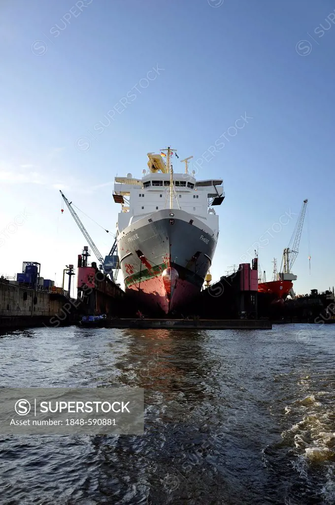 Cargo ship in a dry dock of the Port of Hamburg, Hanseatic City of Hamburg, Germany, Europe