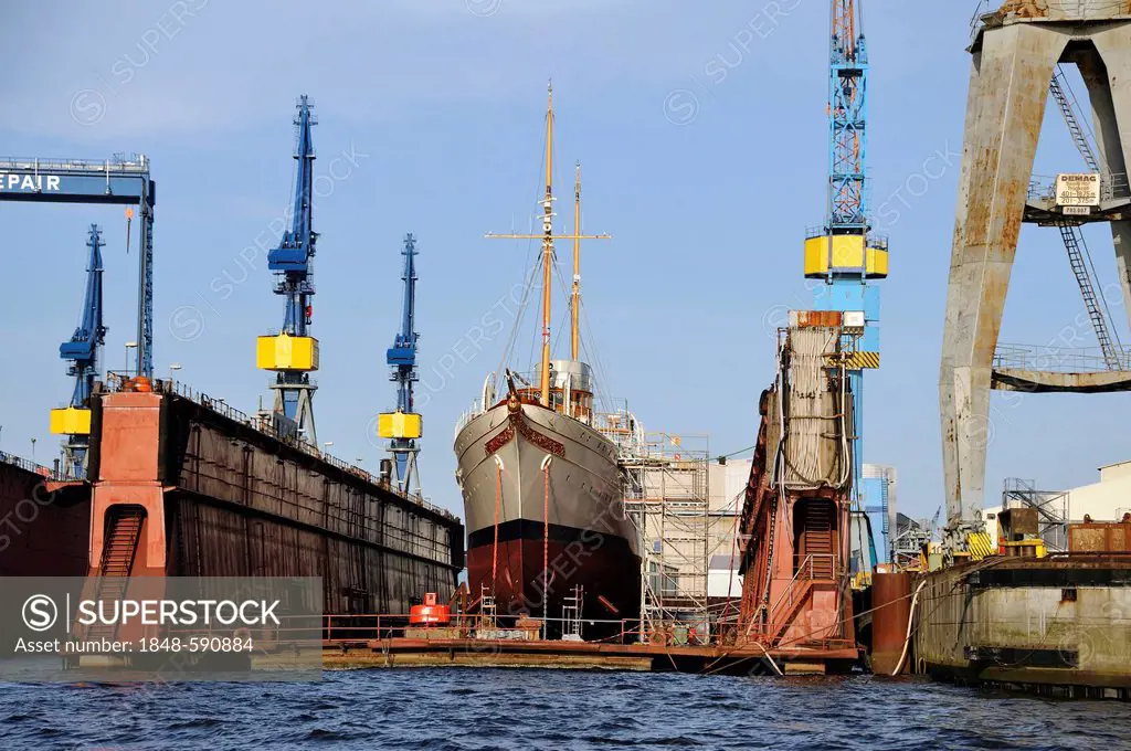 Historic ship in a dry dock of the Port of Hamburg, Hanseatic City of Hamburg, Germany, Europe