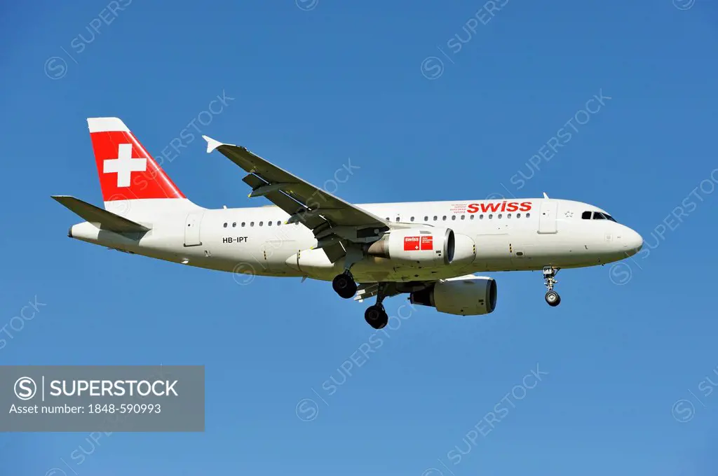 Swiss Airbus A319 112 during the landing approach to Zurich Airport, Zurich, Switzerland, Europe