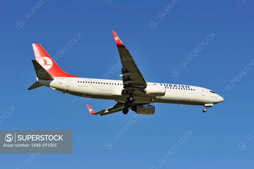 Turkish Airlines Boeing 737 8F2 during the landing approach to Zurich Airport, Zurich, Switzerland, Europe