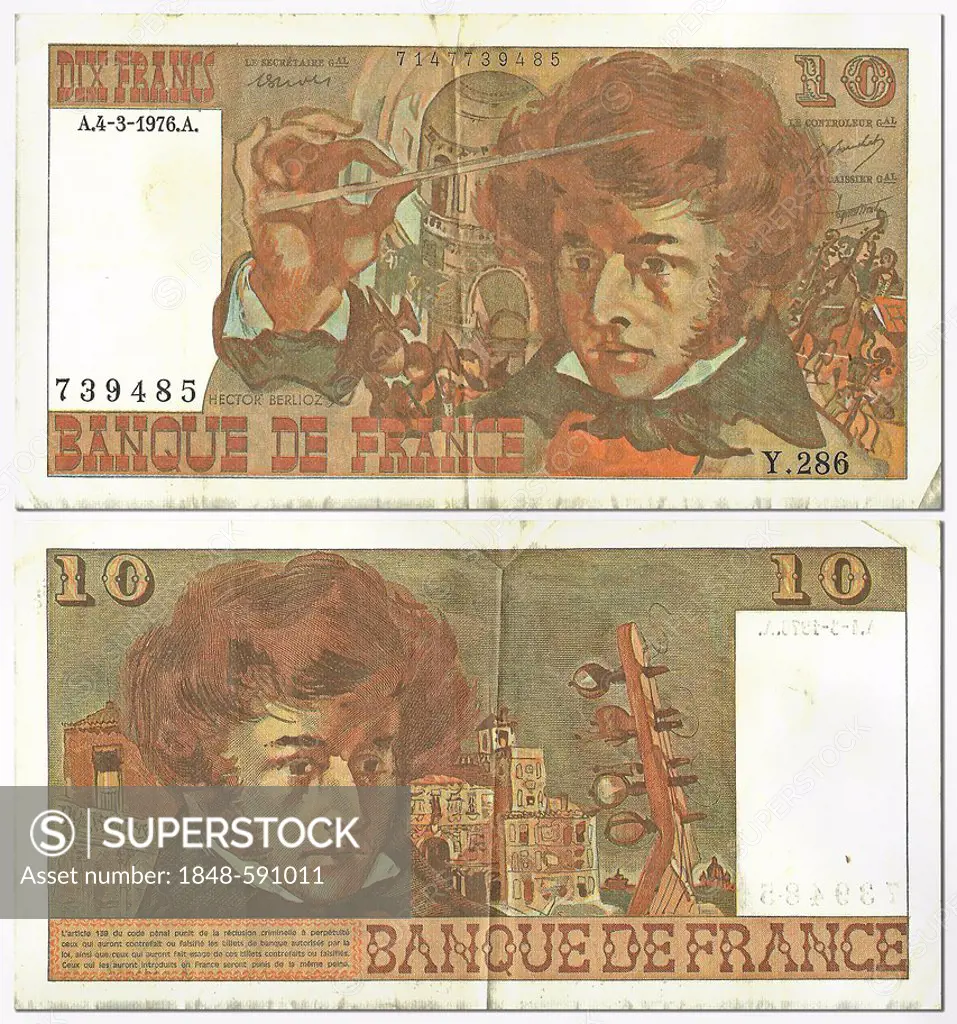 Historic banknote, front and back, 10 francs, France, Banque de France, around 1976