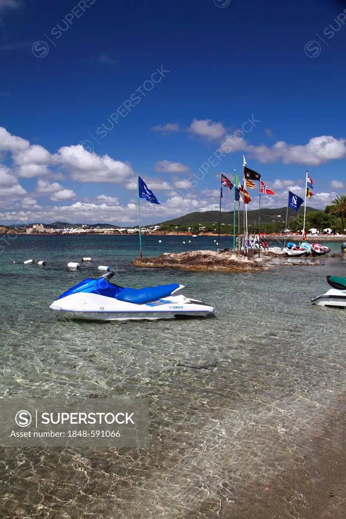 Jet ski, watersports center at S'Argamassa beach, Santa Eulalia, Ibiza, Spain, Europe