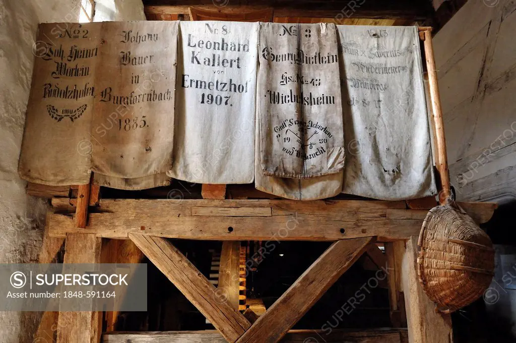 Old linen sacks on the frame of a mill, mill in Unterschlauersbach, 1575, Franconian Open Air Museum, Eisweiherweg 1, Bad Windsheim, Middle Franconia,...