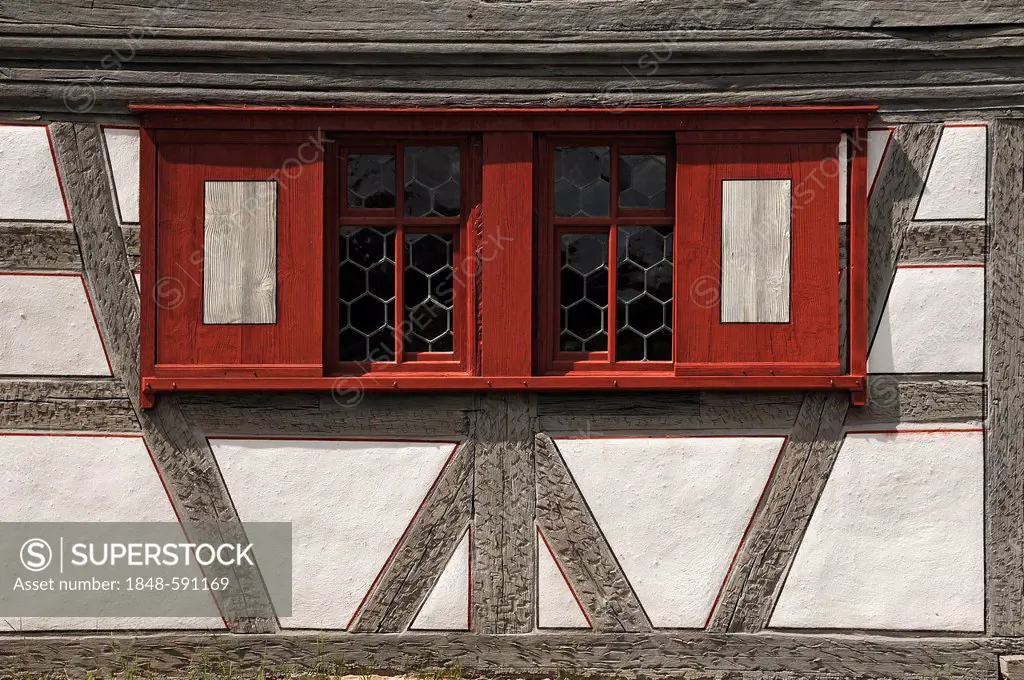 Windows and timber-frams, detailed view of the farmhouse of a winegrower from Retzstadt, built in 1668, Franconian Open Air Museum, Eisweiherweg 1, Ba...