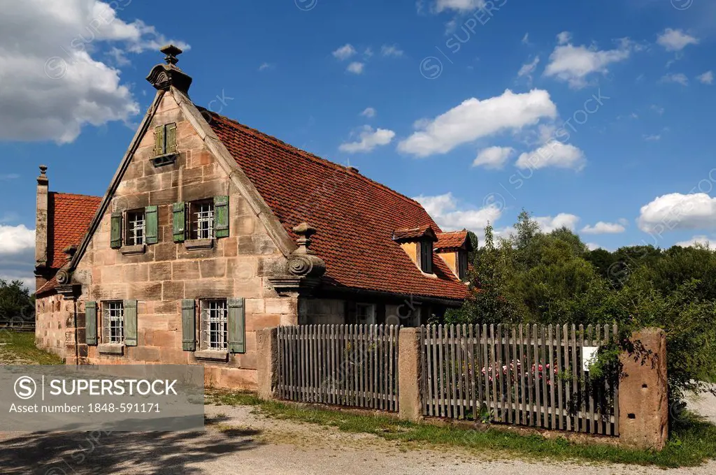 Small farm from Fuerth area, 1670, Sandsteingiebel, sandstone gable, Franconian Open Air Museum, Eisweiherweg 1, Bad Windsheim, Middle Franconia, Bava...