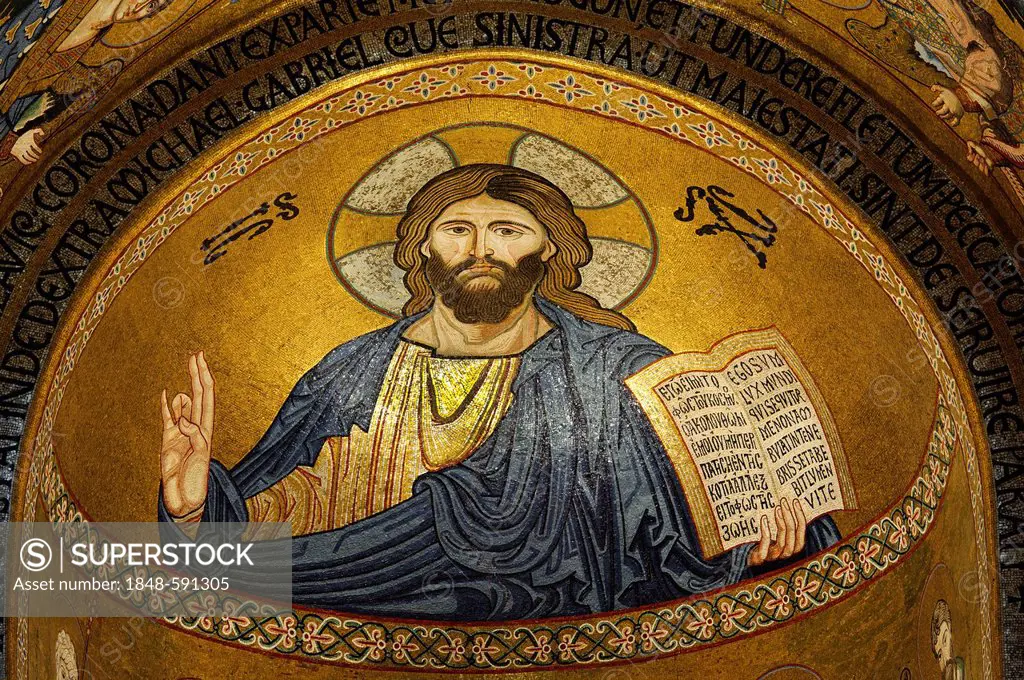 Christ, mosaic, Cappella Palatina, Palatine Chapel in the Palazzo Reale, Palazzo dei Normanni or Royal Palace of Palermo, Palermo, Sicily, Italy, Euro...