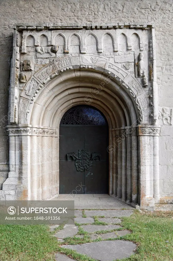 Entrance portal of the chapel of St. Sigismund, former church of St. Nicholas and St. Martin, built around 1200, Romanesque octagonal building, Oberwi...