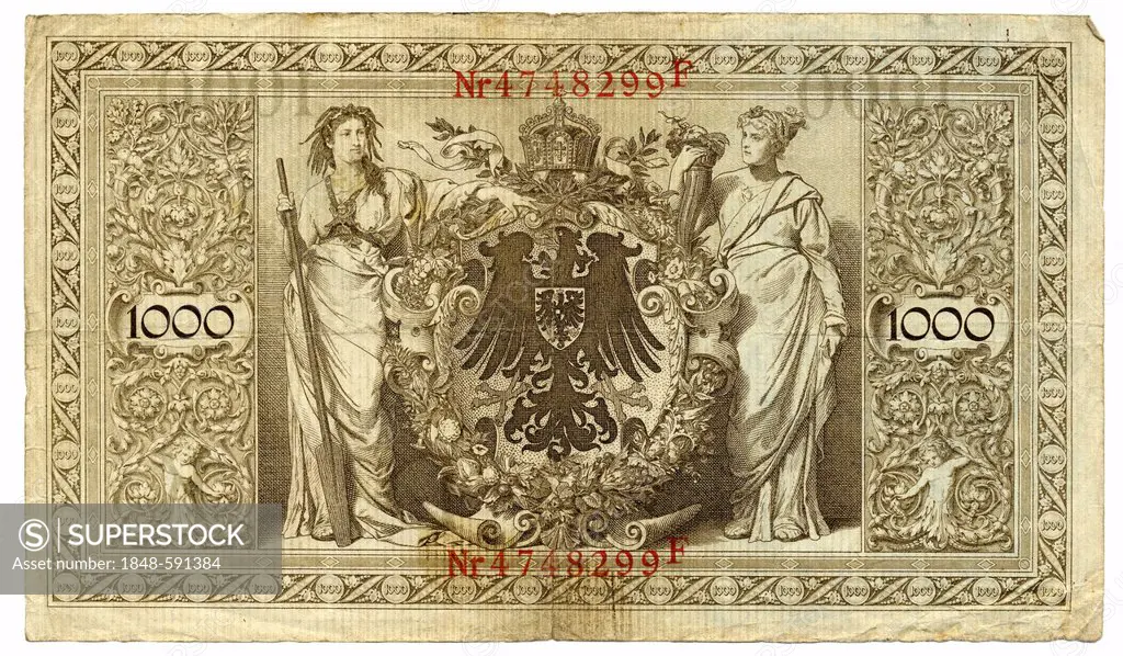 Back, Reichsbank banknote, 1000 Marks, 1910, Germany, Europe