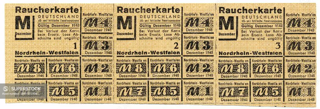 Coupon or permit to buy tobacco products, smoker's coupon, 1948, North Rhine-Westphalia, American and British occupied zone of Germany, Europe