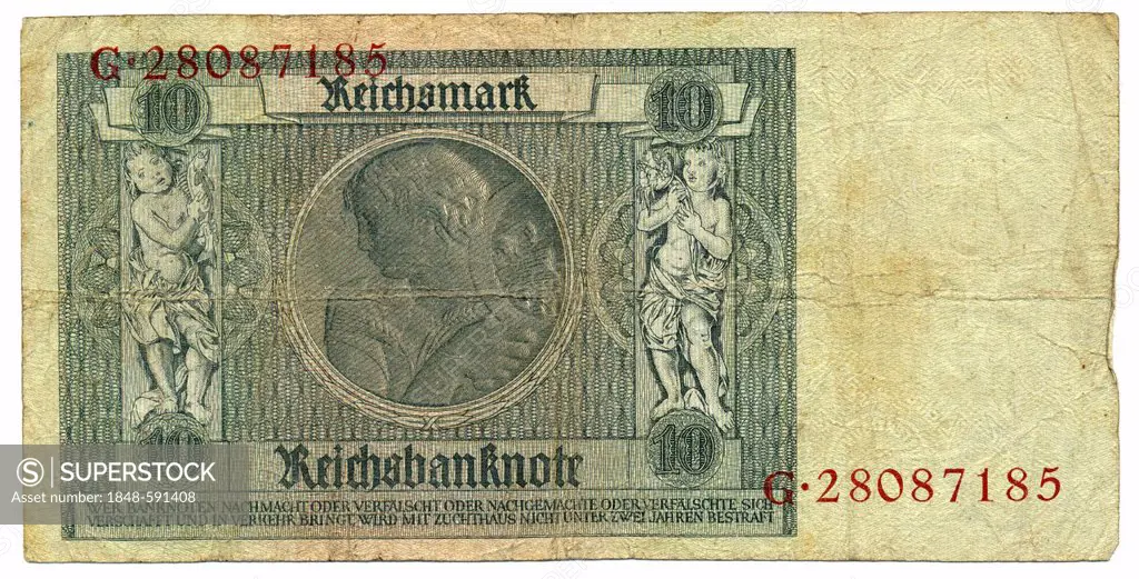 Back of banknote, Reichsbank, value 20 Reichmarks, 1929, Germany, Europe