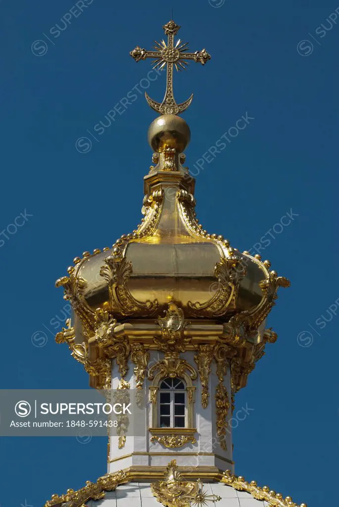 Onion dome of the East Chapel, one of a pair flanking the central buildings of Peterhof Palace, St. Petersburg, Russia