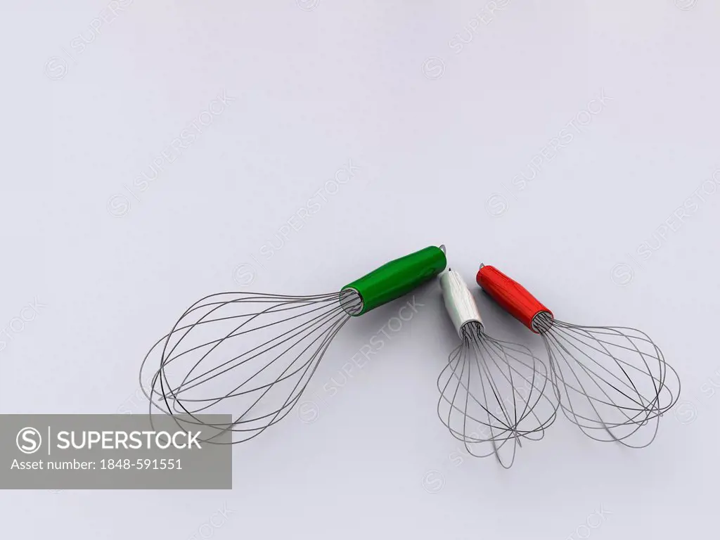 Three whisks in the Italian national colors, symbolic image for Italian cuisine