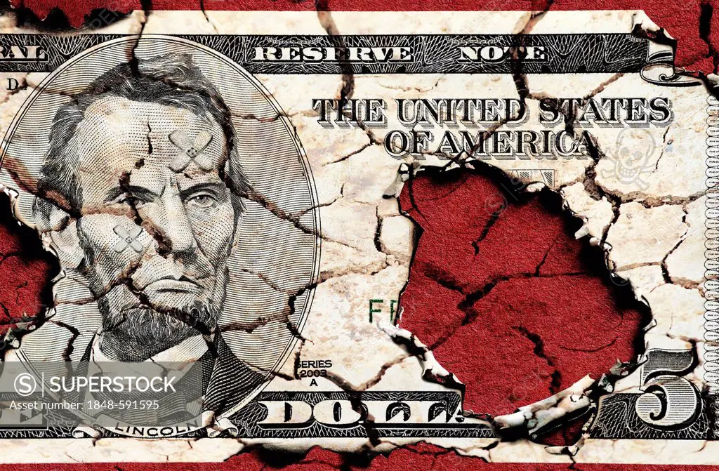 Burnt five dollar bill, symbolic image for US national debt