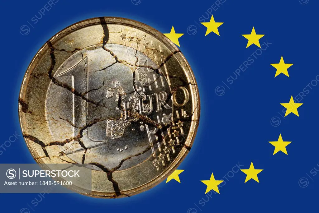 Euro coin in pieces and EU flag, symbolic image for debt crisis in Europe