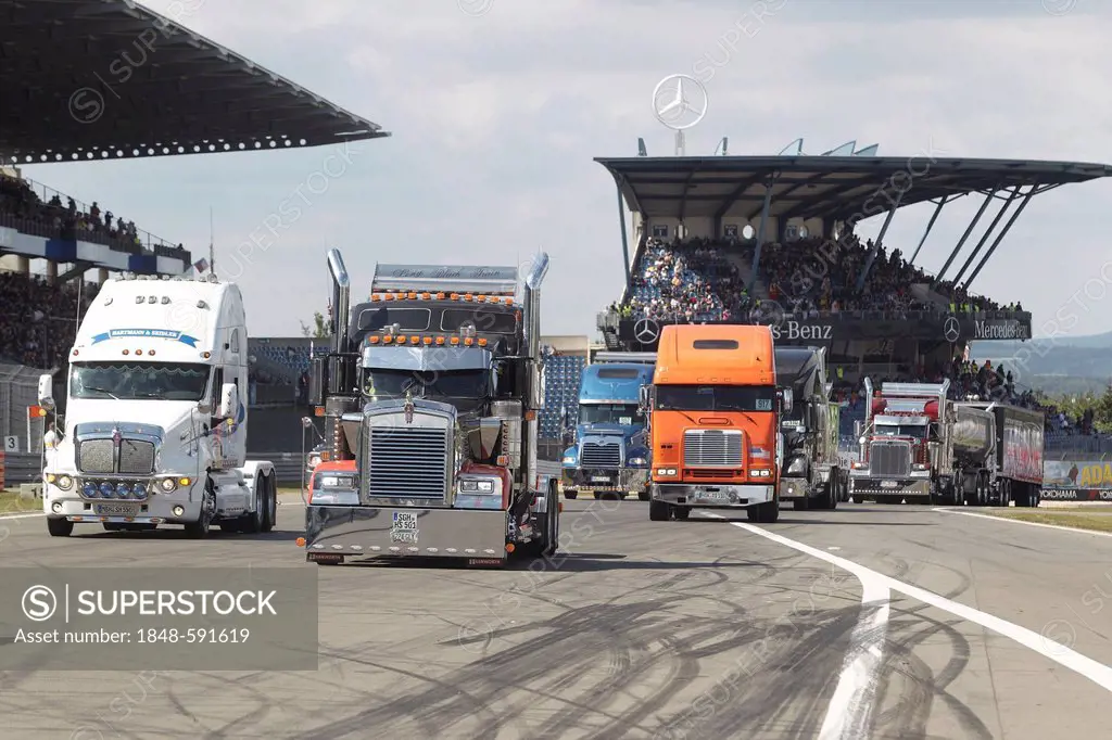 Parade of US trucks at the Truck Grand Prix on the Nuerburgring race track, Rhineland-Palatinate, Germany, Europe