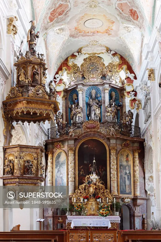 Pulpit and altar in the Holy Trinity pilgrimage church, Heilige Dreifaltigkeit church, Weihenlinden, parish of Bruckmuehl, Upper Bavaria, Bavaria, Ger...