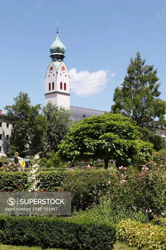 St. Nikolaus church, Riedergarten gardens, Rosenheim, Upper Bavaria, Bavaria, Germany, Europe, PublicGround