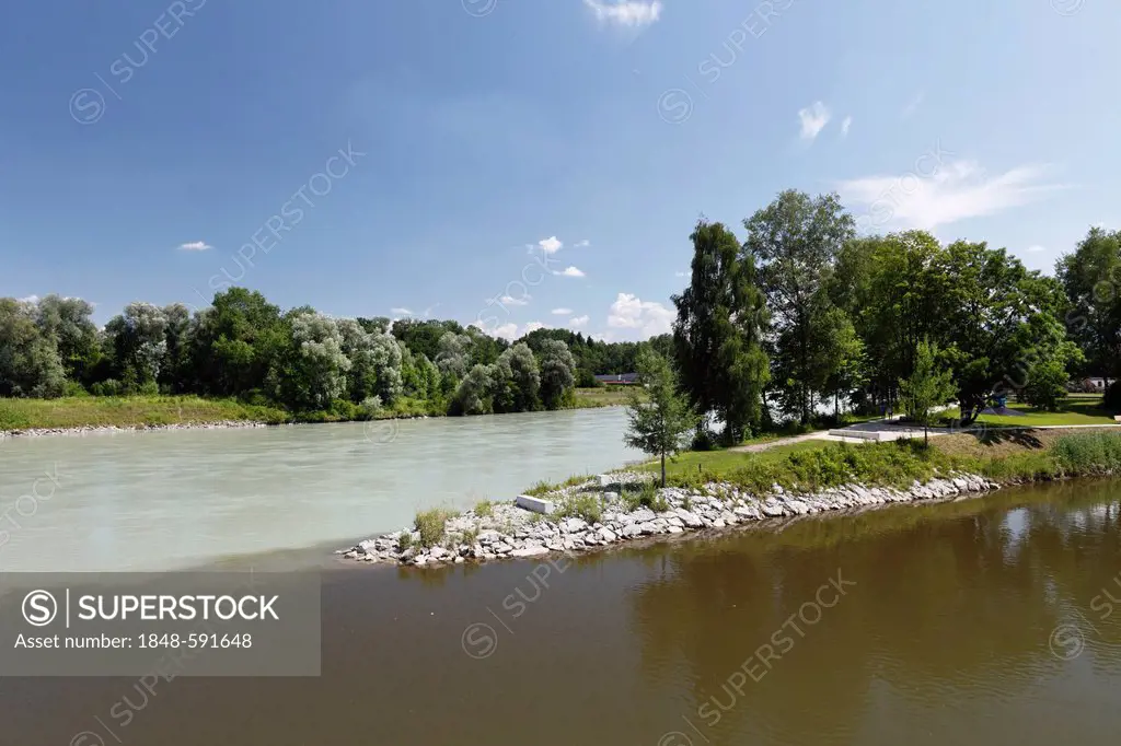 River Mangfall, at front, joins the river Inn, Innspitz, Rosenheim, Upper Bavaria, Bavaria, Germany, Europe