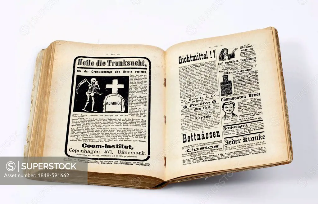Advertisements featuring miracle cures for alcoholism and gout in an illustrated German fleet calendar, published by Wilhelm Koehler Verlag, 1911, Min...