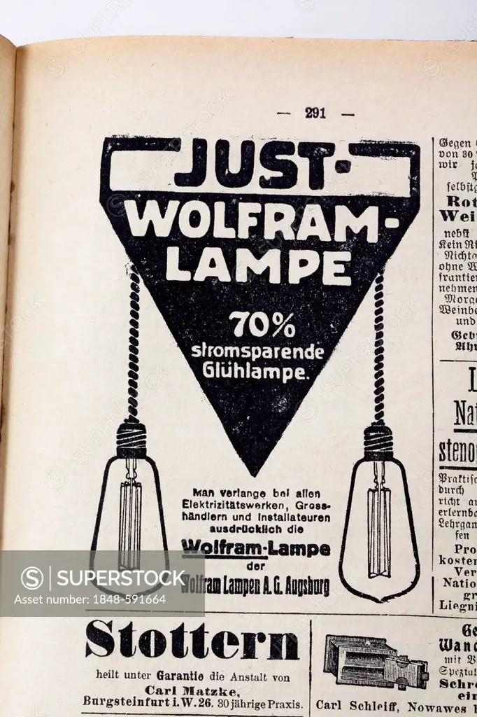 Power-saving tungsten lamp, advertisement in an illustrated German fleet calendar, published by Wilhelm Koehler Verlag, 1911, Minden, Germany, Europe