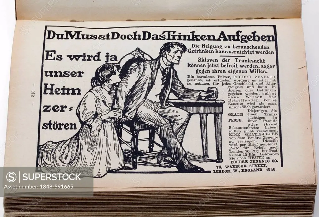 Miracle cure for alcoholism, advertisement in an illustrated German fleet calendar, published by Wilhelm Koehler Verlag, 1911, Minden, Germany, Europe