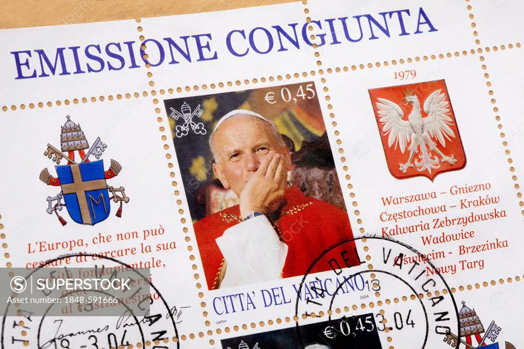 Stamped stamps from the Vatican, John Paul II, Karol Jozef Wojtyla, with the papal coat of arms, joint issue with Poland from 2004, Vatican, Italy, Eu...
