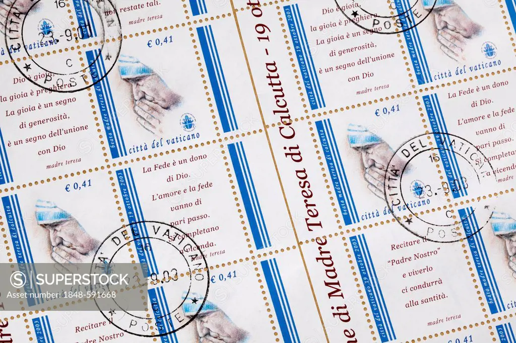 Stamped stamps from the Vatican, Mother Teresa, Madre Teresa di Calcutta, Anjezi Gonxhe Bajaxhiu, Vatican, Italy, Europe