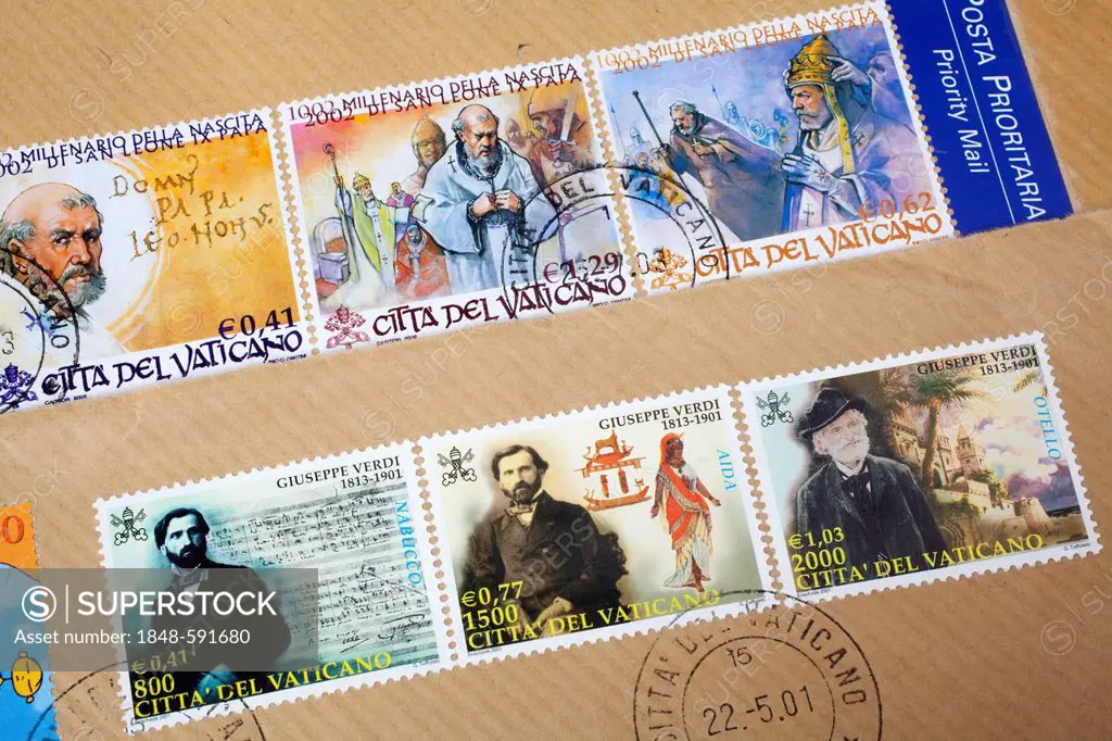 Stamped stamps from the Vatican, Giuseppe Verdi and historical motifs with Pope Leo IX, Vatican, Italy, Europe