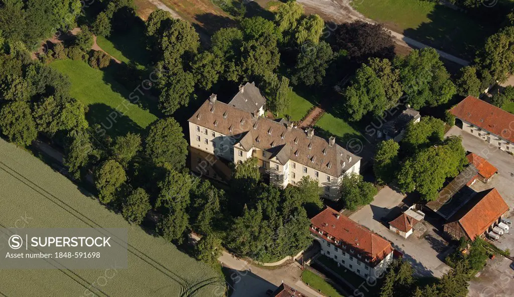 Aerial view, Schloss Wocklum castle, horse riding centre, Maerkischer Kreis region, Sauerland region, North Rhine-Westphalia, Germany, Europe